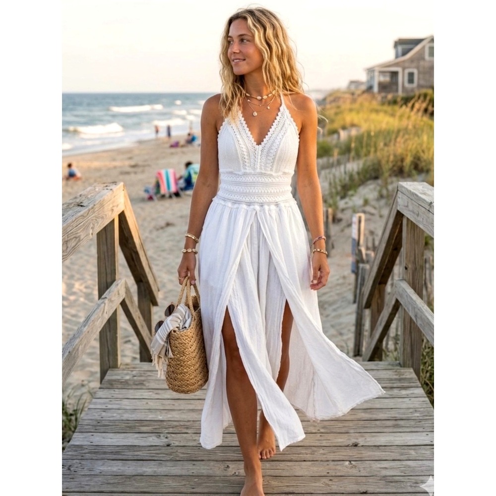 Seaspice Arabella High Split Resortwear Cotton Cover Up Midi Dress Womens XL